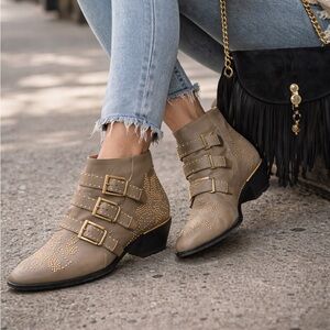Chloe Taupe Ankle Boots with Gold Studs & Buckles